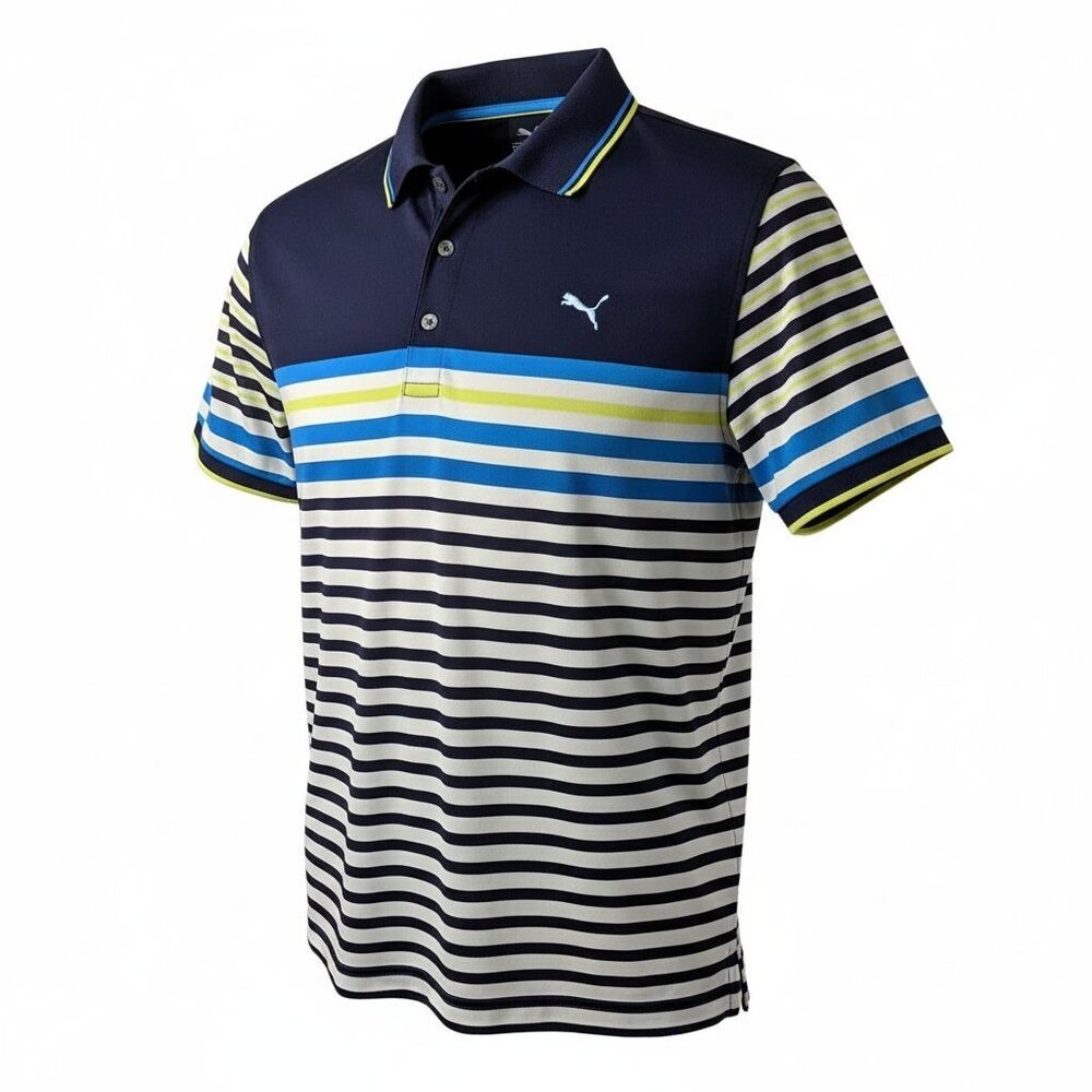 Puma Mens Large Polo Shirt Navy Striped Golf Performance Short Sleeve Athletic